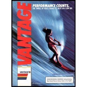 1987 Vantage Cigarettes Vintage Print Ad Woman Slalom Water Skiing Red Wall Art